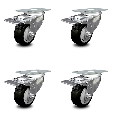 Service Caster 3 Inch Black Polyurethane Swivel Top Plate Caster Set with Total Lock Brake SCC SCC-TTL20S314-PPUB-BLK-4